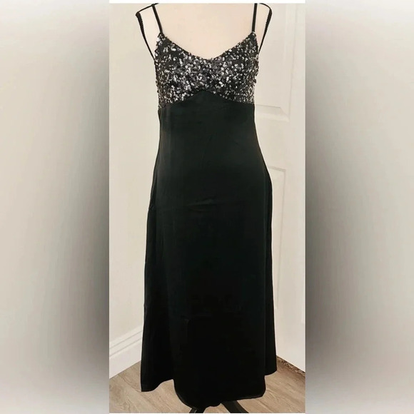 House of Harlow 1960 Sequined Black Satin Slip Dress Long New Prom Formal Gown - Picture 4 of 6